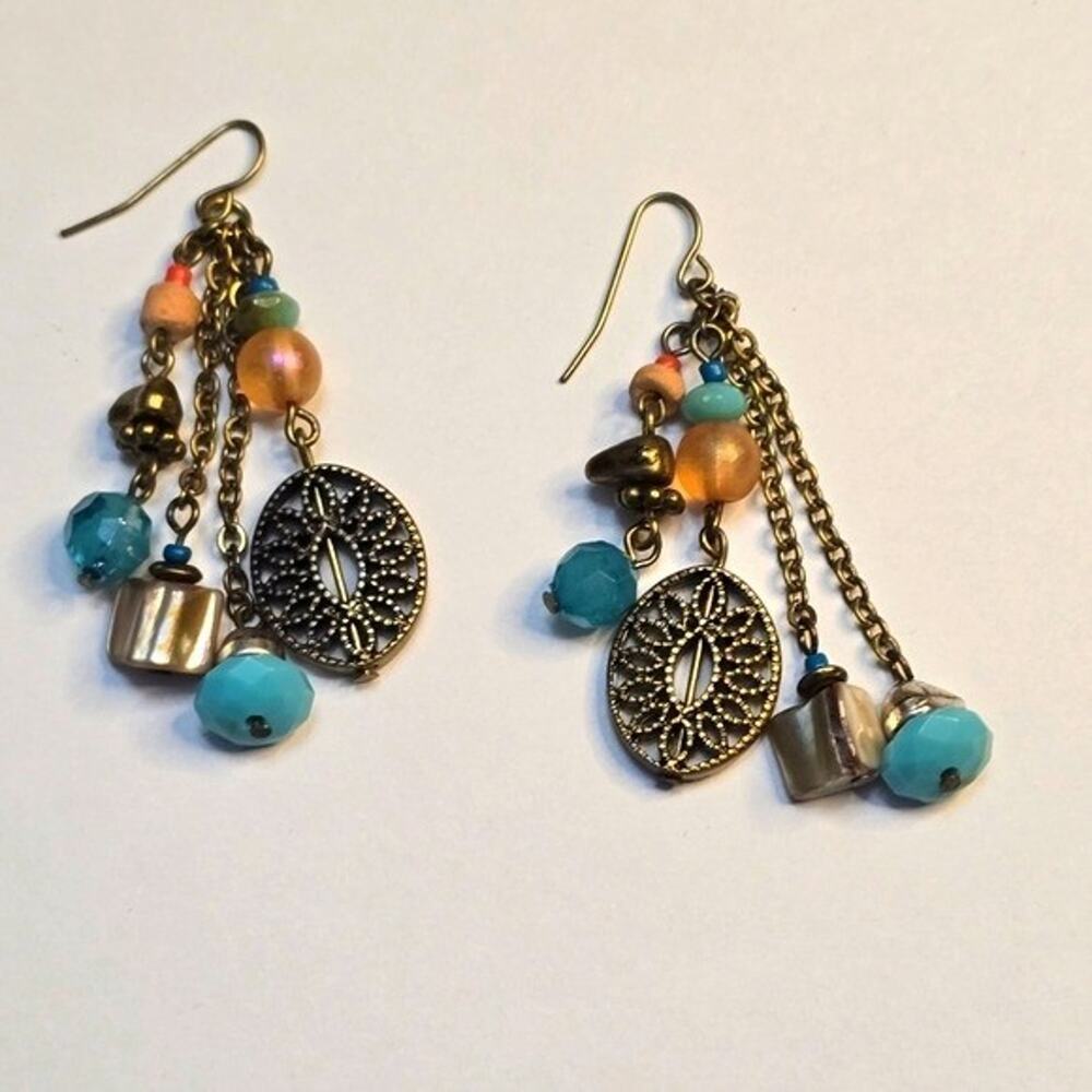 Bohemian Antique Bronze Multi Strand Dangle Earrings Turquoise Peach Beads
